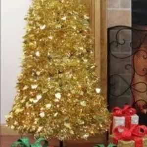 4 Ft Gold Tinsel Pop Up Artificial  Tree Clear Lights 48 in Tall  CHRIST…